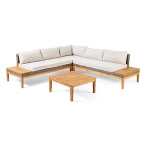 Loft Teak Brown 4-Piece Faux Rattan Outdoor Patio Conversation Sectional Seating Set with Light Khaki Cushions
