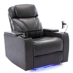 Gray PU Home Theater Power Recliner with Storage USB Charging Port Stereo Tray Table and Phone Holder
