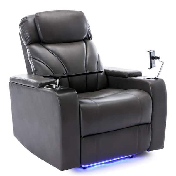 Merax Gray PU Home Theater Power Recliner with Storage USB Charging Port Stereo Tray Table and Phone Holder
