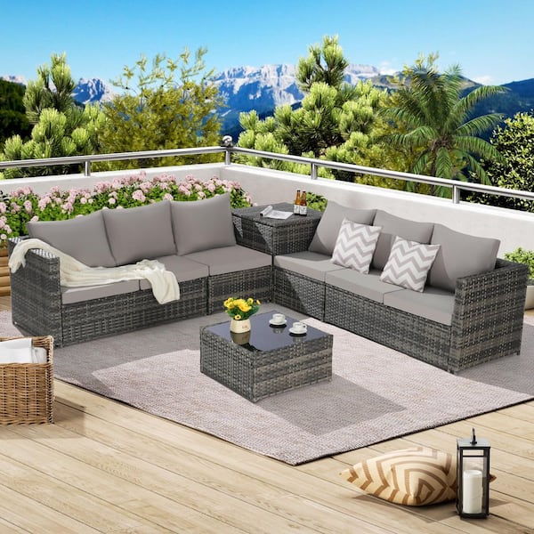 6-Piece Metal Outdoor Sectional Set, Wicker Rattan Patio Furniture
