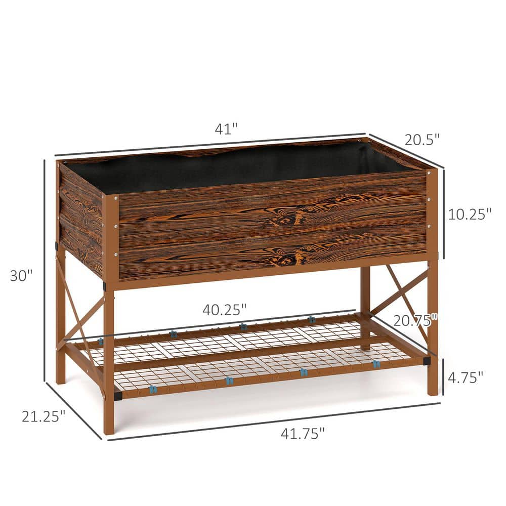 Dark Brown Galvanized Metal Raised Garden Bed with Storage Shelf