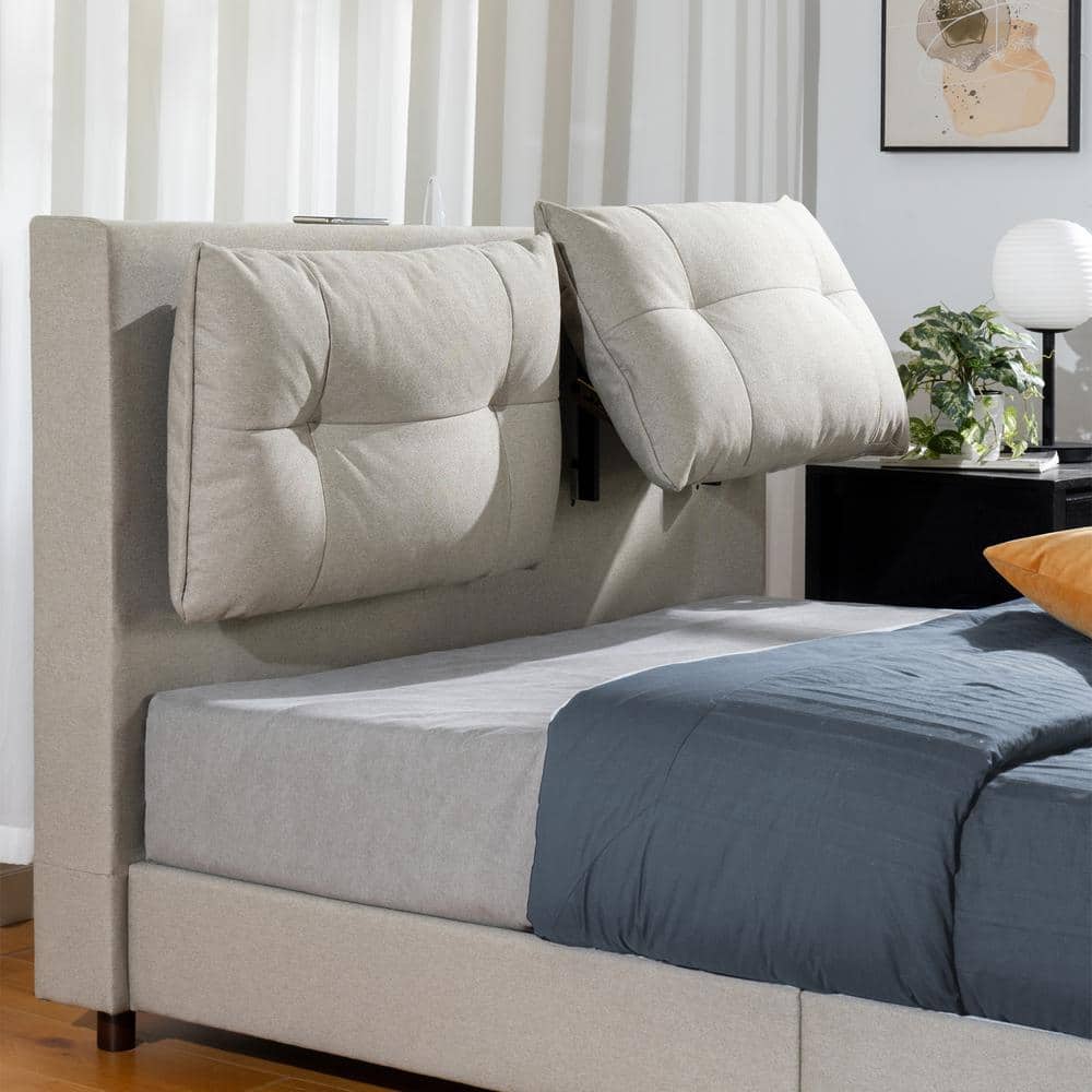 Beige King Metal Frame Platform Bed with Reclining Upholstered Headboard and USB Ports