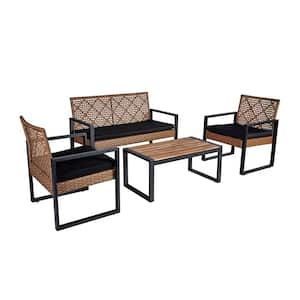 4-Piece Patio Furniture Set Outdoor Balcony Porch Garden Backyard Lawn Furniture with Black Cushions