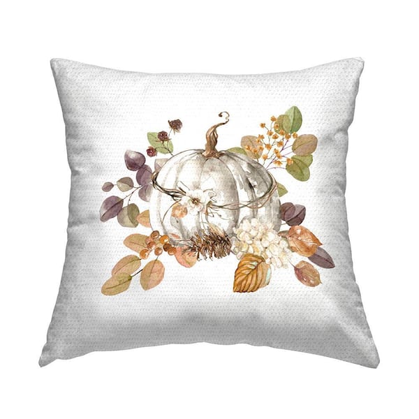 Pumpkin and Florals on White Multi-Color Square Outdoor Throw Pillow