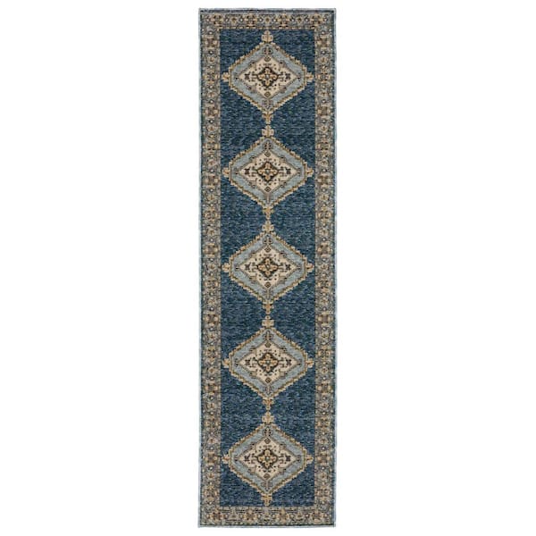 2 X 8 Blue, Gold Medallion Washable Area Rug Runner Rug