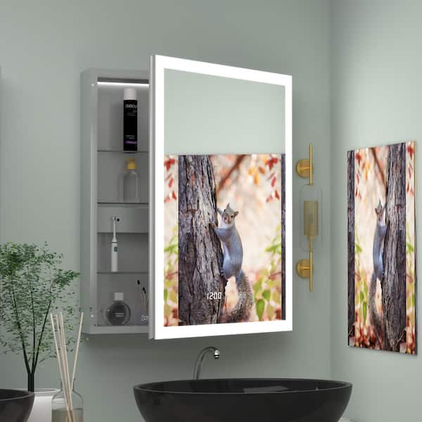 24 in. W x 30 in. H Rectangular Silver Aluminum Recessed/Surface Mount Right Medicine Cabinet with Mirror LED and Clock