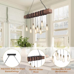 37.5 in 8-Light Farmhouse Black and Wooden Linear Chandelier Rustic Island Pendant for Dining Room, LED Compatible