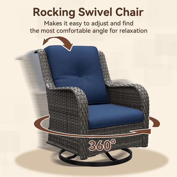 5-Piece Wicker Outdoor Patio Conversation Set Swivel Rocking Chair Set with Blue Cushions