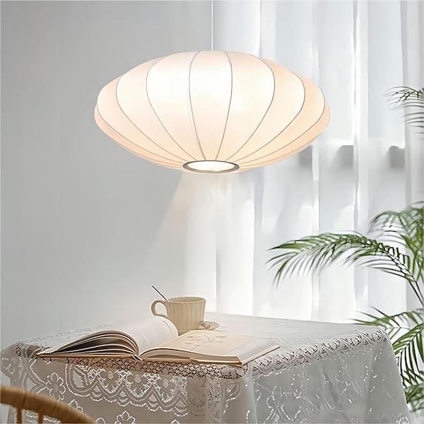 HUOKU Kateo 15 3/4" W 1-Light White Oval Umbrella Shell Chandelier with Cream Faux Silk Shade for Living Room