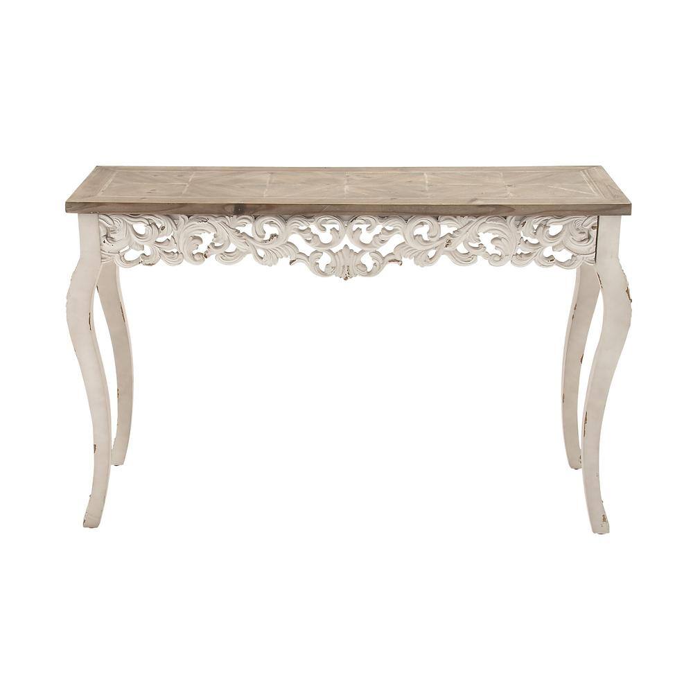 Elegant Farmhouse 46" White and Brown Wood Carved Console Table