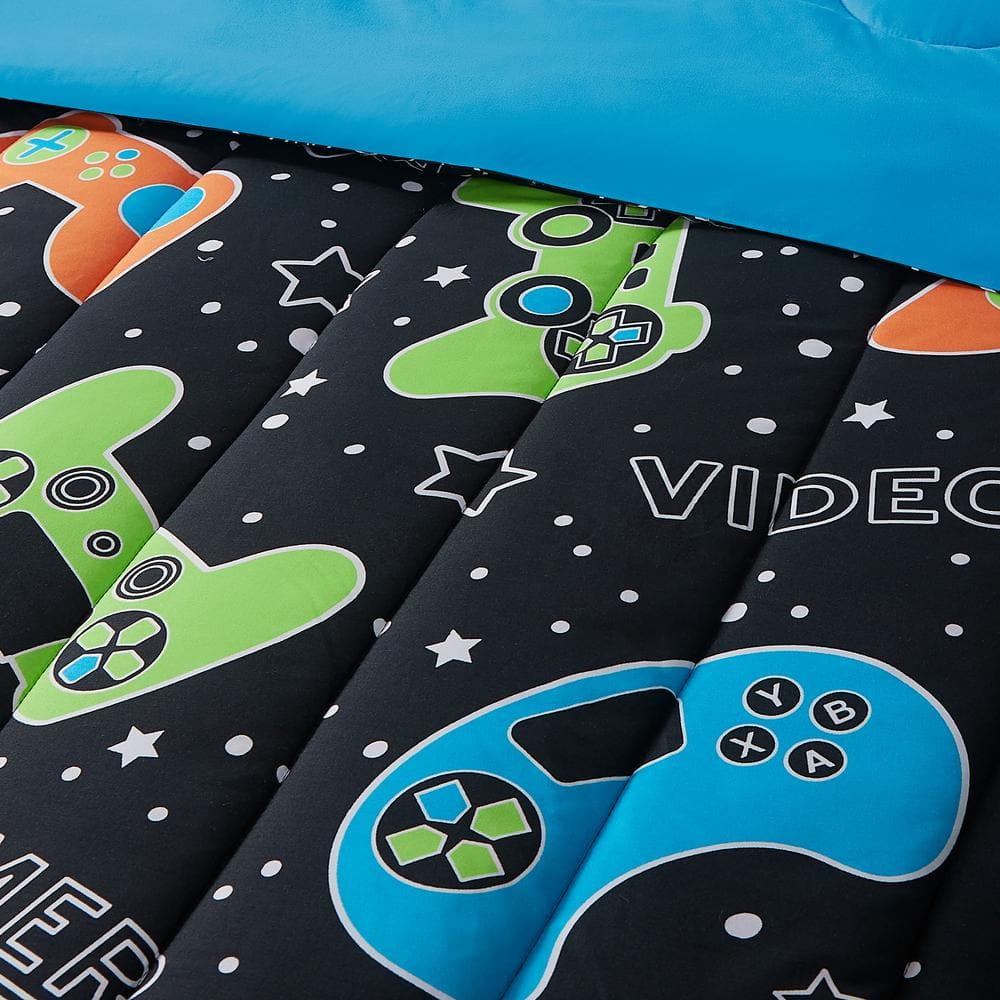 Full Black Reversible Microfiber Gamer Comforter Set
