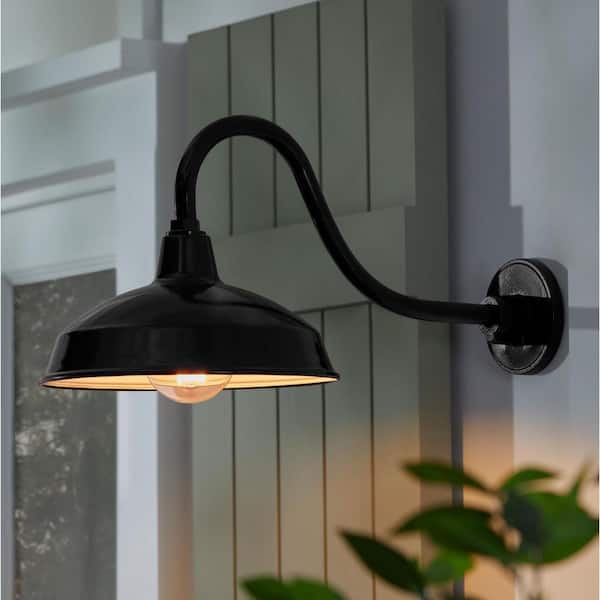 Easton 11 in. 1-Light Glossy Black Barn Outdoor Wall Light Lantern Sconce with Steel Shade