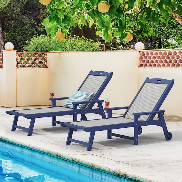 2-Piece Navy HDPS Plastic Patio Outdoor Chaise Lounge Chairs with Wheel Adjustable Textilene Recliner