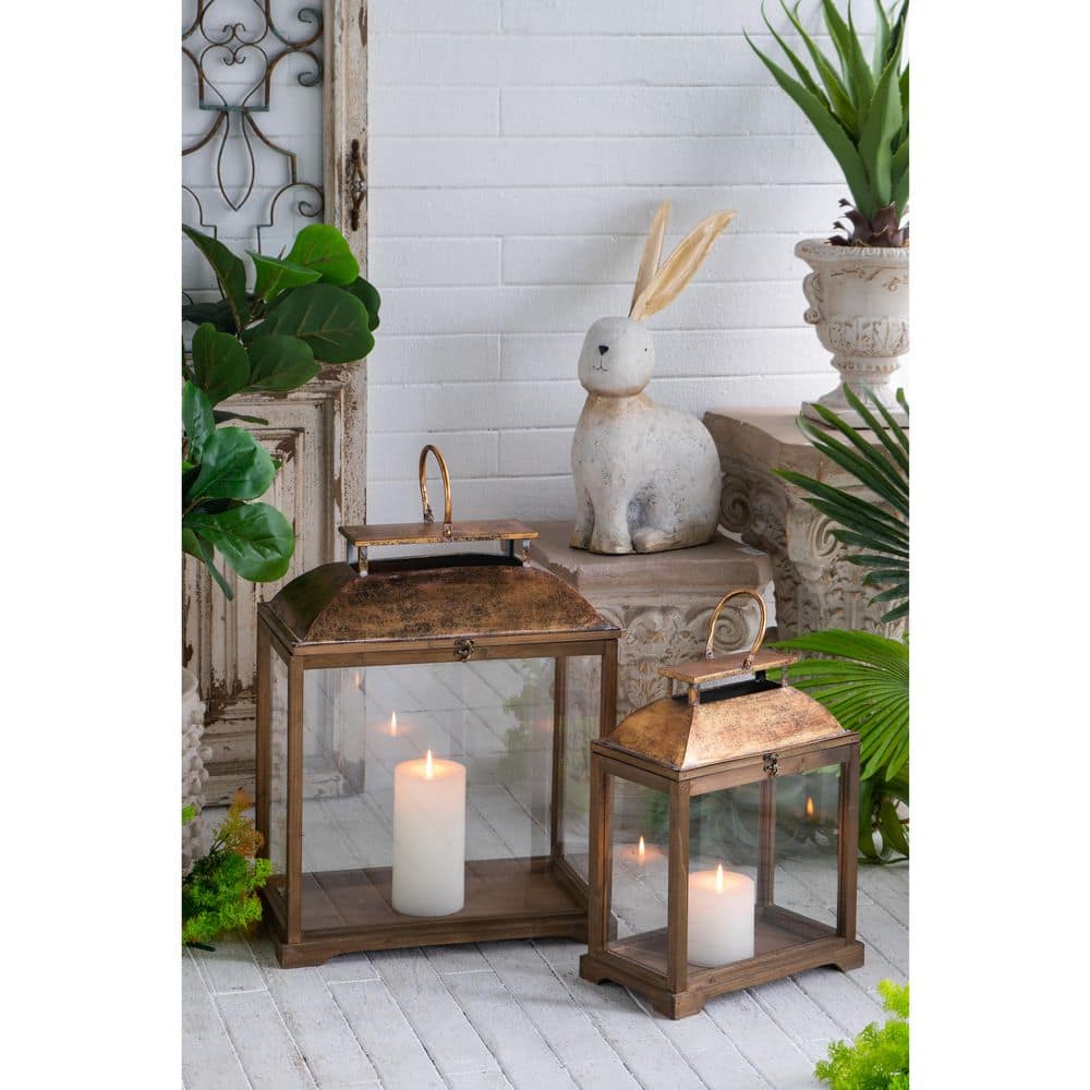 A & B Home 18.9 in. x 10 in. Brown/Gold Fir Wood Lantern (2-Pack