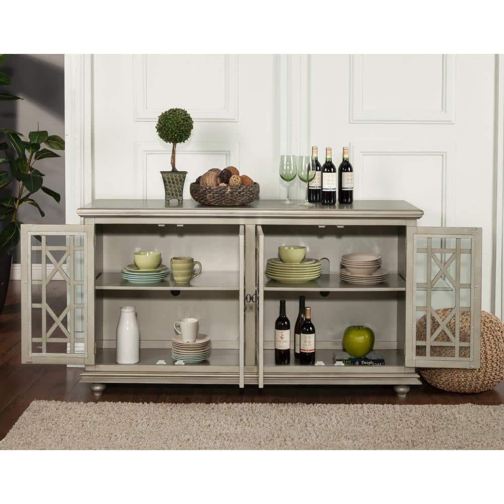 Antique Silver Wood TV Stand with Glass Doors