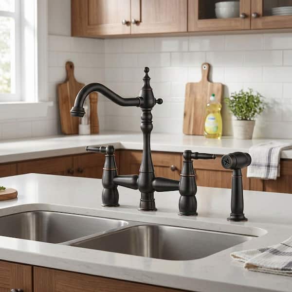 Brass Double Handle Bridge Kitchen Faucet with Side Sprayer in Oil Rubbed Bronze