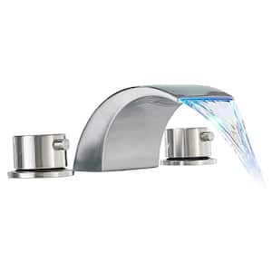 8 in. Widespread Double-Handle Waterfall LED Bathroom Sink Faucet with Light in Brushed Nickel