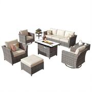 Vesta Gray 10-Piece Wicker Outerdoor Patio Rectangular Fire Pit Set with Beige Cushions and Swivel Rocking Chairs