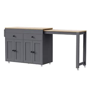 Gray and Oak Wood 70.5 in. W Kitchen Island Extendable Table 2-Drawer on Wheels with 4-Door and Spice Rack