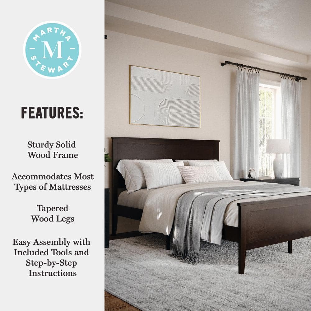 Dark Brown Queen Wooden Platform Bed with Headboard and Footboard