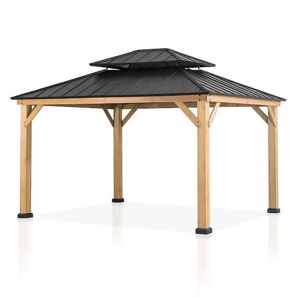 11 ft. x 13 ft. Natural Wood/Black Hardtop Gazebo, Glavanized Steel Double Roof with Cedar Wood Frame, Outdoor Pavilion