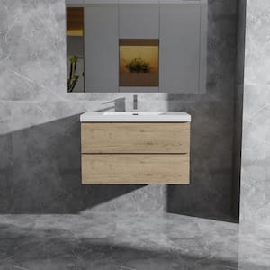 Alice 30 in. W x 20 in. D x 22 in. H Single Floating Bathroom Vanity in Natural Oak with Solid Surface Sink Top in White