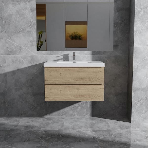 Opvande Alice 30 in. W x 20 in. D x 22 in. H Single Floating Bathroom Vanity in Natural Oak with Solid Surface Sink Top in White