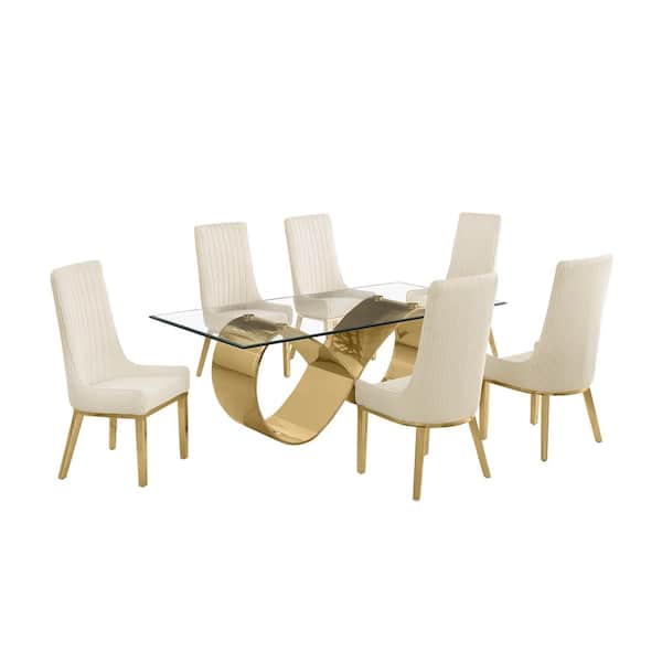 Best Quality Furniture Garrett 7-Piece Clear Tempered Glass Top with Gold Stainless Steel Base Dining Set with 6 Cream Chairs