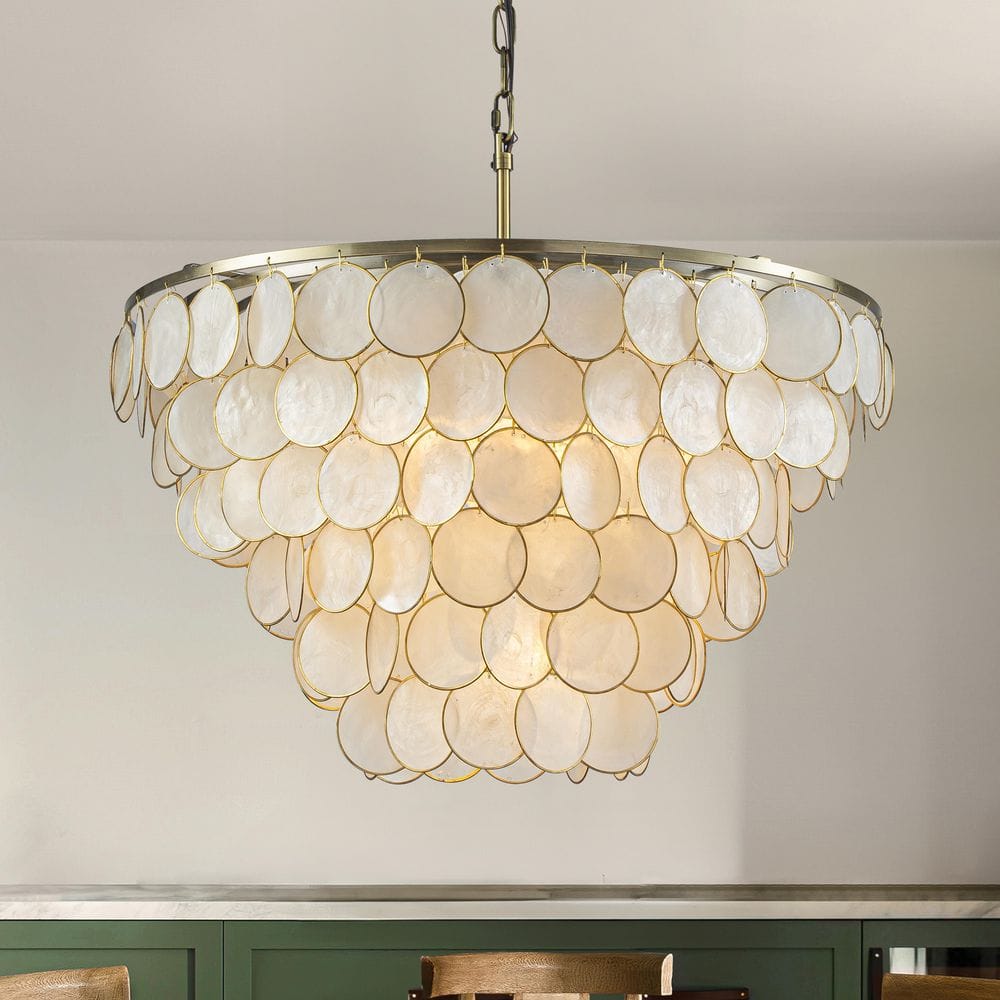 5-Light 24 in. Coastal Natural Tiered Chandelier in Aged Bronze with Capiz 