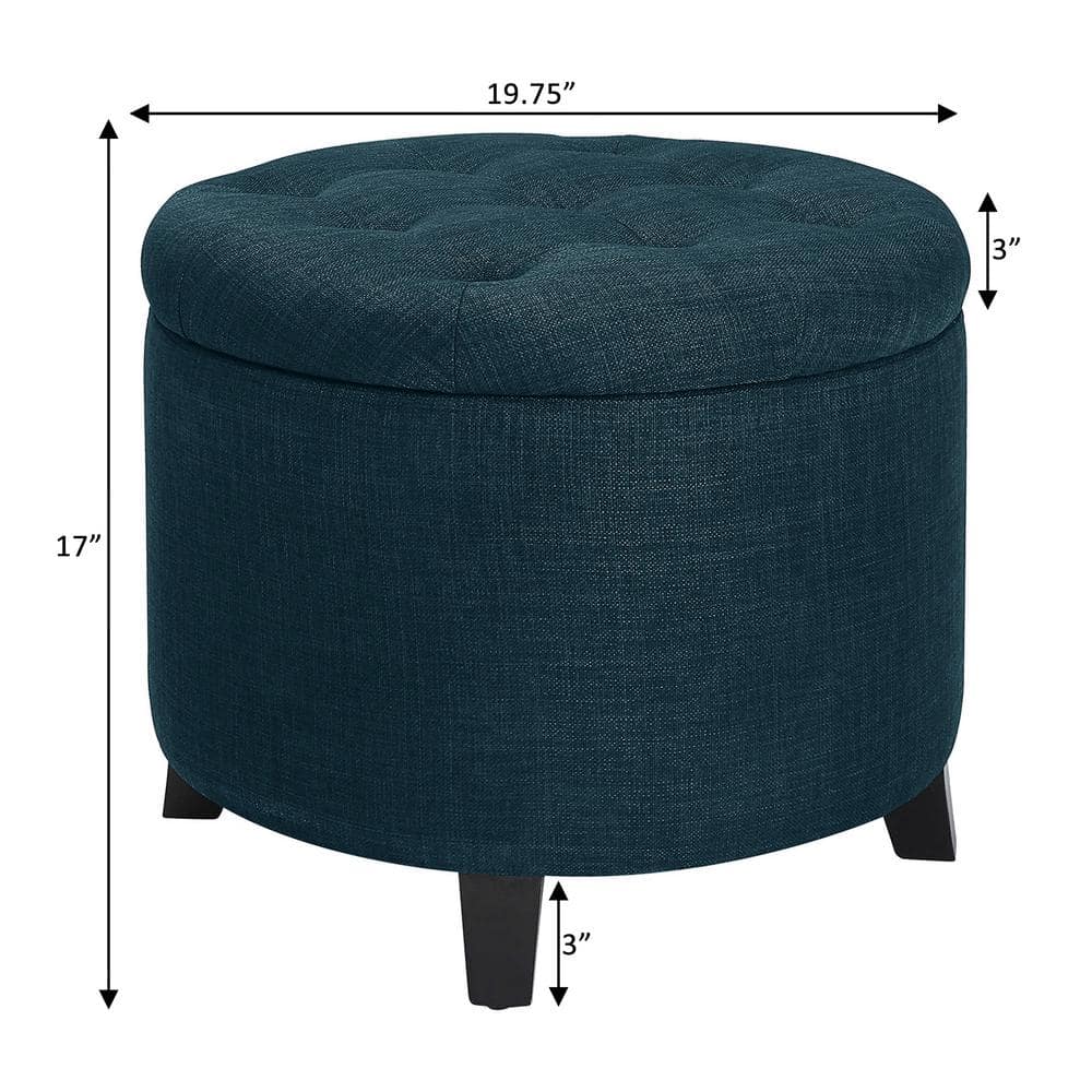 Tufted Luxe Dark Blue Round Storage Ottoman with Solid Rubberwood Legs