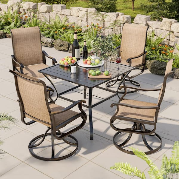 Unbranded 5-Piece Metal Patio Outdoor Dining Set with Square Table, Swivel Chairs in Brown