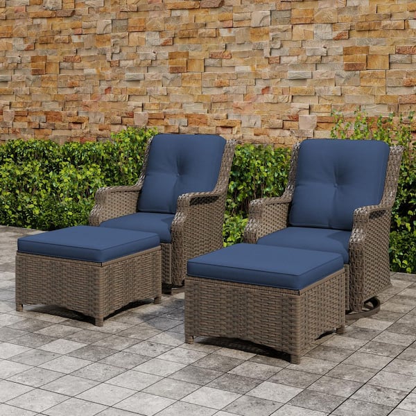 4-Piece Wicker Patio Lounge Chair Set with Swivel Rockers, Ottomans, and Blue Cushions Chat Set