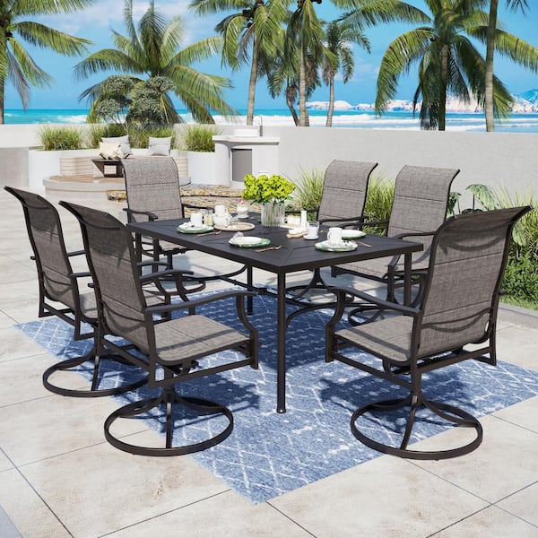 PHI VILLA 7-Pieces Metal Outdoor Patio Dining Set with Texitilene Swivel Chairs with Wave Arms