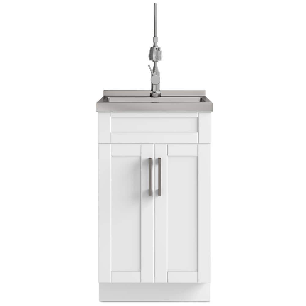 White 20 Inch Laundry Cabinet with Stainless Steel Sink and Faucet