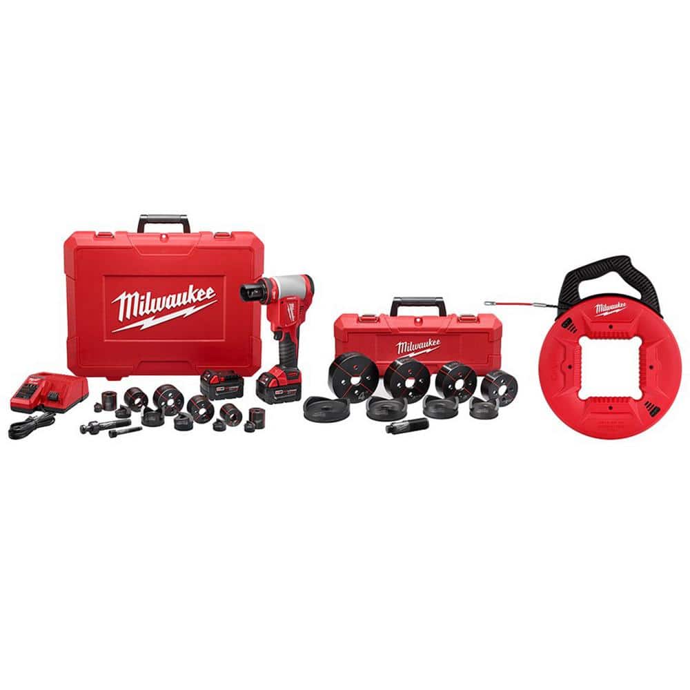 Milwaukee M18 18-Volt Li-Ion 1/2 in. to 4 in. Force Logic High Capacity Cordless Knockout Tool Kit with Die Set & Fish Tape