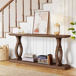 Benjamin 63 in. Brown Rectangle Wood Console Table Long Sofa Table Behind Couch 2-Tier Entry Geometric Shape Entryway