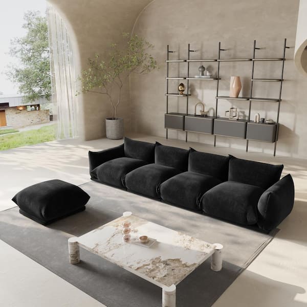 Modern 131 in. Flared Arm 5-Piece Chenille 4 Seater Modular Convertible Couch Sectional Sofa with Ottoman in. Black