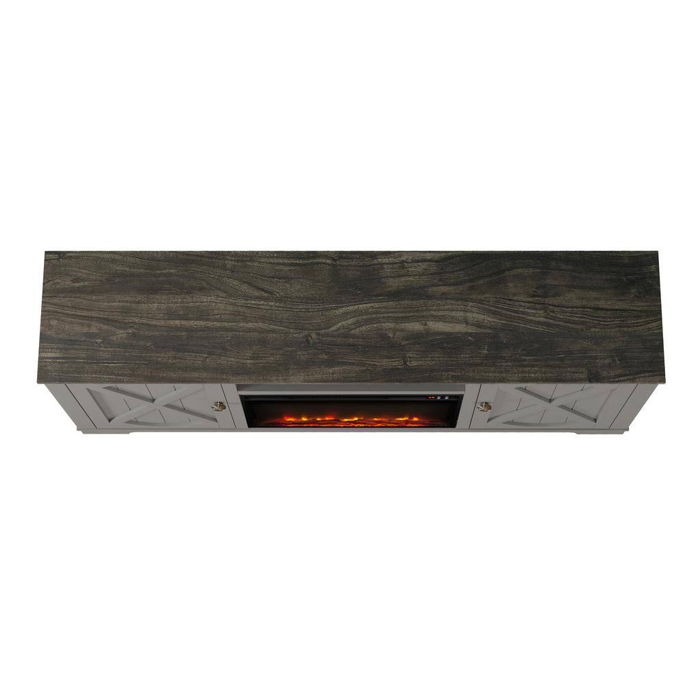 Gray Farmhouse TV Stand with Fireplace and Storage Cabinets