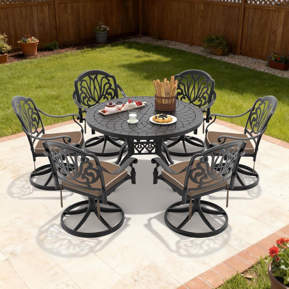 Black 7-Piece Cast Aluminum Patio Outdoor Dining Set with 6 Swivel Rockers with Brown Cushions and 47.24 in. Round Table price history on PriceWatchPro