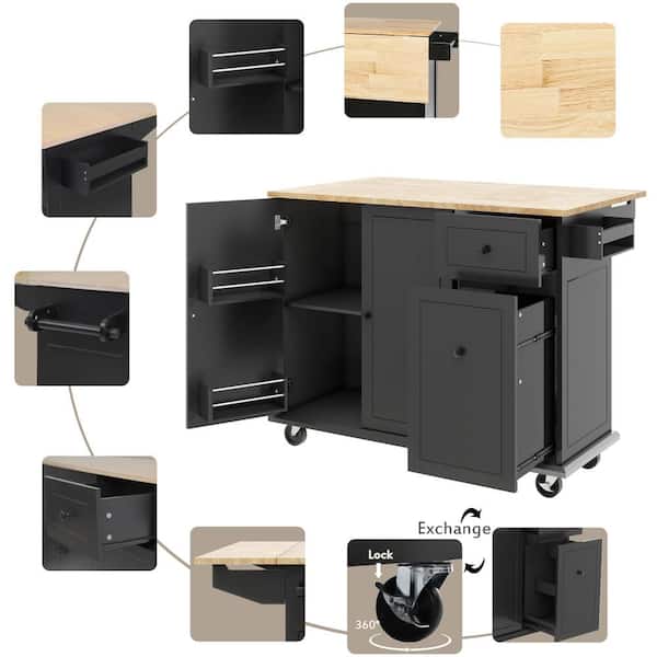 Storage Black Wood 53.94 in. Kitchen Island with Drawer in Black  