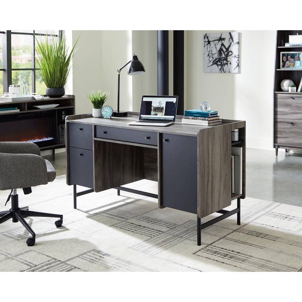 Executive Jet Acacia Double Pedestal Desk with Black Metal Accents