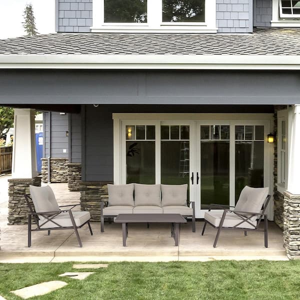 Modern Muse 4-Piece Aluminum Patio Sofa Set With Light Brown Cushions