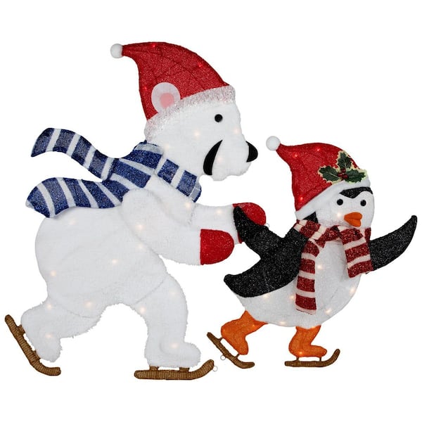 41.25in. Lighted Ice Skating Polar Bear and Penguin Outdoor Christmas Decoration