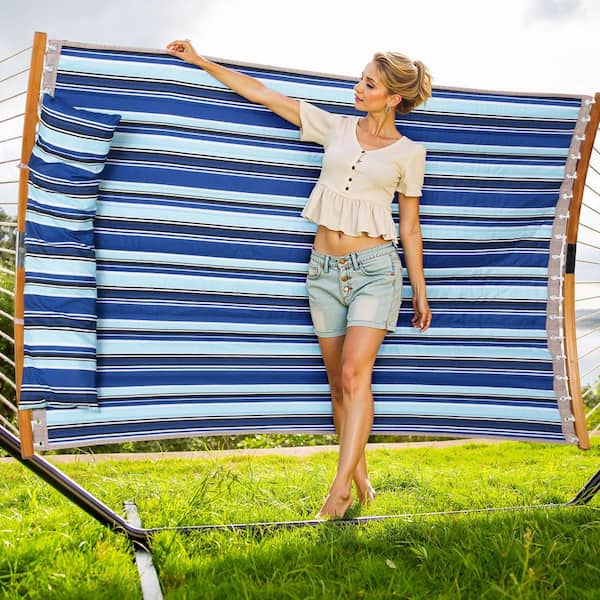 12 ft. Free Standing, 475 lbs. Capacity, Heavy-Duty 2-Person Hammock with Stand and Detachable Pillow in Blue Stripes
