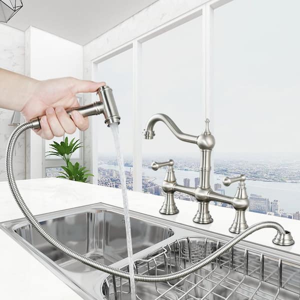 Classic Double-Handle Bridge Kitchen Faucet with Side Sprayer in Brushed Nickel