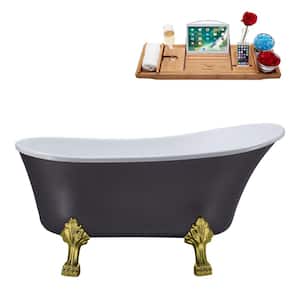 55 in. Acrylic Clawfoot Non-Whirlpool Bathtub in Matte Grey With Brushed Gold Clawfeet And Polished Chrome Drain