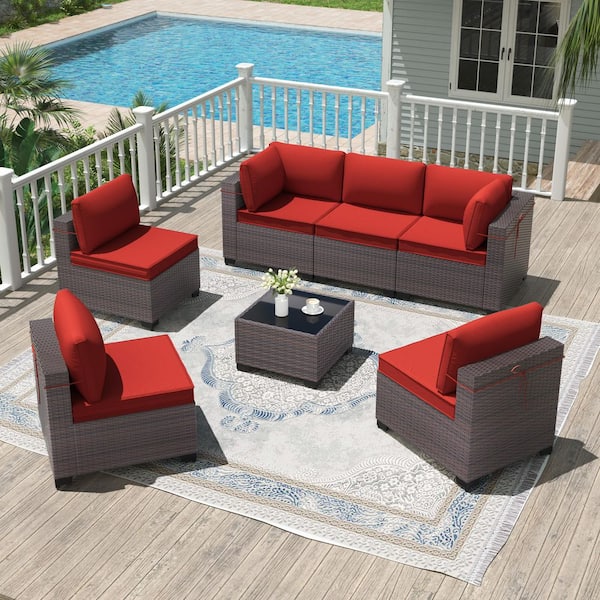 7-Piece Brown Wicker Outdoor Sectional Set with 6-Seats, Adjustable Feetpad and Cushion Red
