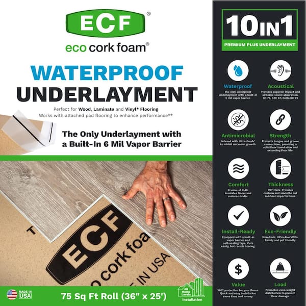 Eco Cork Foam 75 sq. ft. 3 ft. x 25 ft. x 3.2 mm Waterproof Premium Plus  10-in-1 Underlayment - Vinyl Plank, Laminate, Engineered Wood 220000503 -  The Home Depot