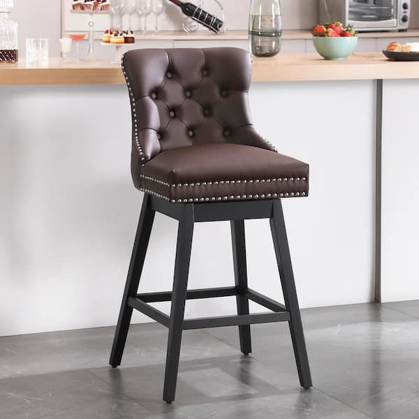 Hochwertiges 29 in. Brown Faux Leather Upholstered Solid Wood Frame Bar Height Swivel Bar Stool (Set of 1)