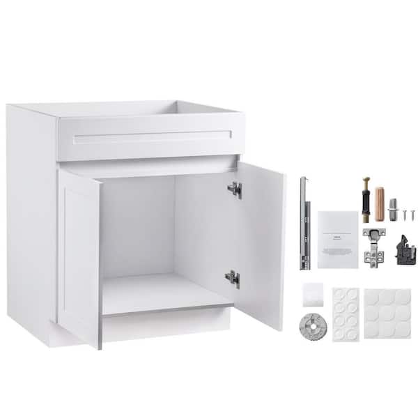 White Shaker Base Cabinet, 30 in. D x 24 in. W x 34.5 in. H, Unassembled Sink Base, Soft-Close Doors 2025 update